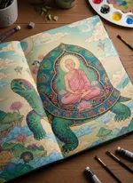 Firefly_Gemini Flash_Create an image of a pink monk meditating inside a turtle in colourful a...webp Firefly_Gemini Flash_Create an image of a pink monk meditating inside a turtle in colourful a...webp
